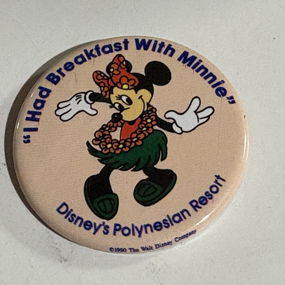 Disney World Pin Button Polynesian Resort Breakfast Minnie Mouse 1990 Vintage